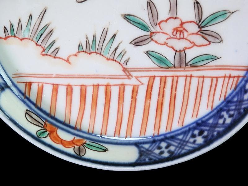 古伊万里　色絵　垣根に椿の図　4寸皿　５枚　F018AS-fbrn