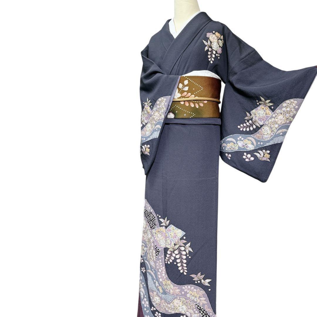 A134愛華 着物 翠山工房　訪問着正絹 濃グレー 絞り 暈し染め 辻が花