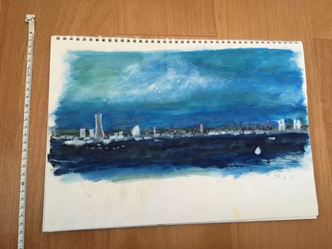 【良品】水彩　風景画　東京湾から望む横浜