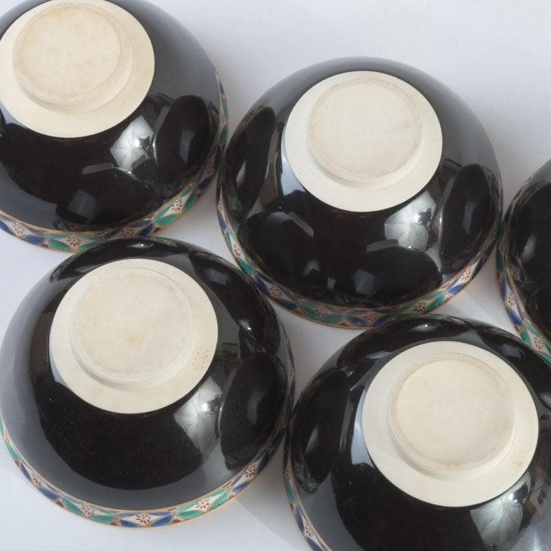 茶道具　京焼　平安　紫雲造　色絵　黒仁清七宝文　数茶碗　五客　V　9486