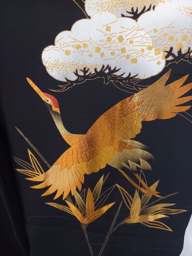 黒引き振袖 友禅作家秋山章 丸章 金彩の鶴 花嫁衣裳
