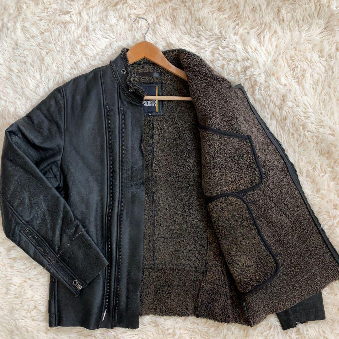 XL AVIREX ムートンレザー ジャケット ライダース 黒 ボア メンズ 革