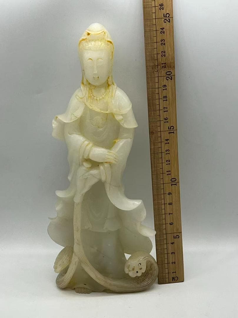 清乾隆時代 和田白玉観音　白和田玉彫り　仏教用品　仏像　唐物(A-96)