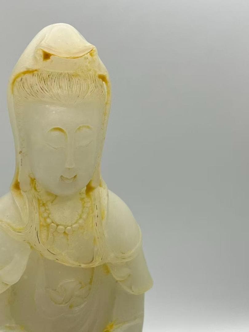 清乾隆時代 和田白玉観音　白和田玉彫り　仏教用品　仏像　唐物(A-96)