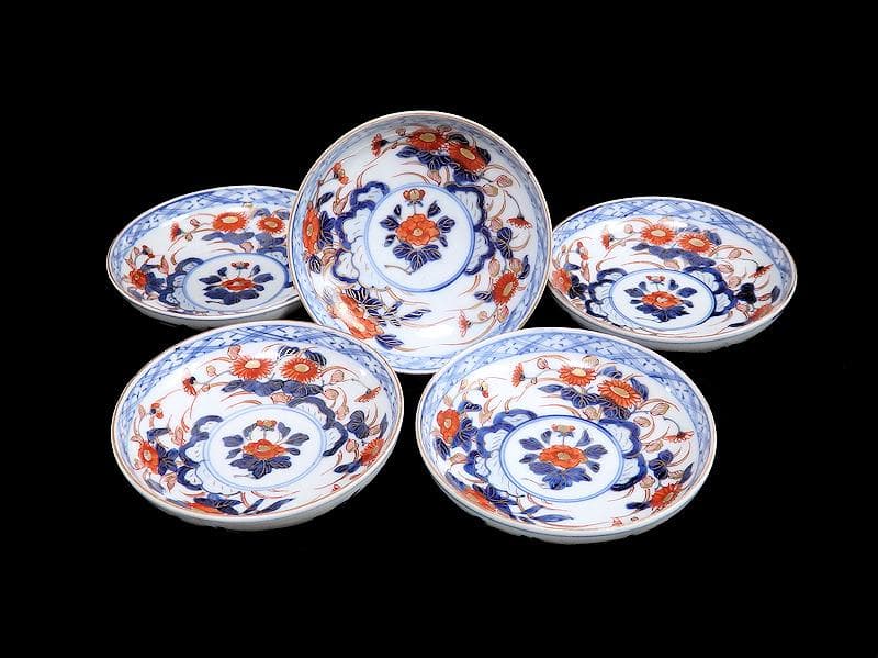 古伊万里　色絵　元禄写　菊に牡丹の図　４寸皿　５枚　 A081AS-MMv