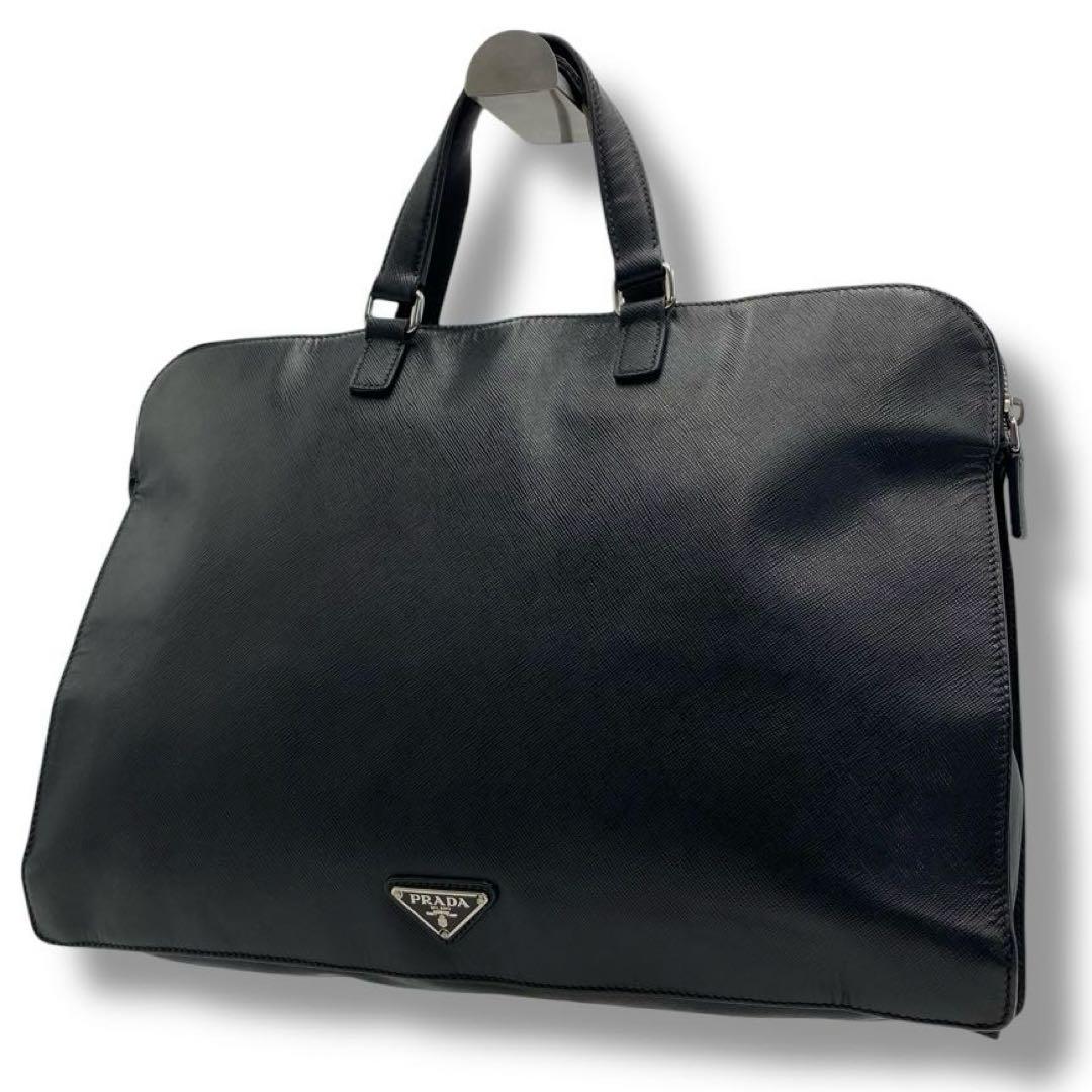 良品 プラダ PRADA ロゴ サフィアーノ レザー ビジネス バッグ A4 黒