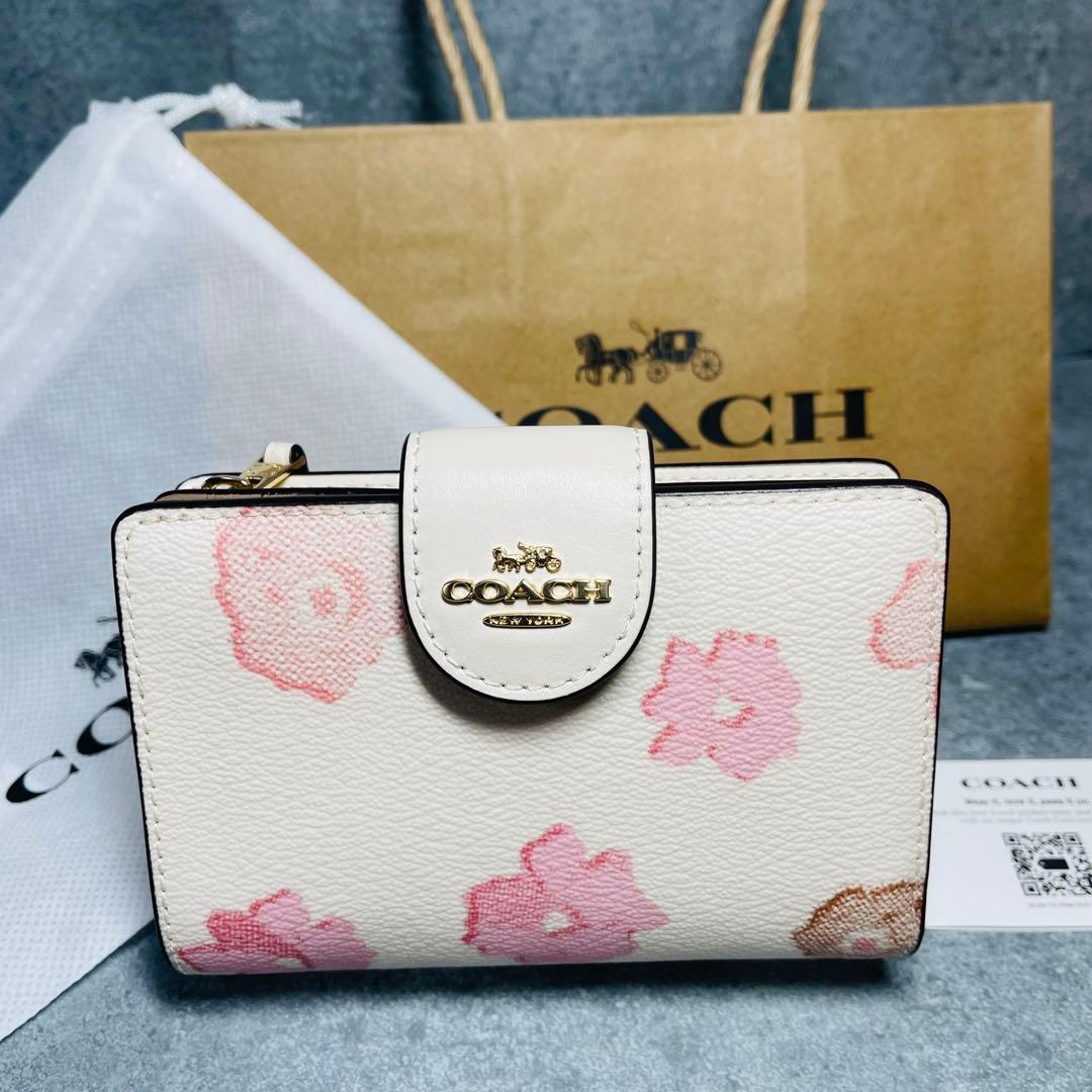 【新品】完売品 COACH コーチ 花柄 二つ折り財布 フローラル 白 ピンク