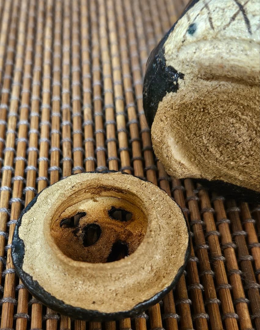 明治時代　古美濃　古瀬戸　黒織部　鉄絵　草文様　双耳　香炉　茶道具　茶器　香道具