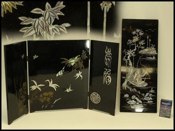 螺鈿 釣り人物 風景 飾 二枚折 置物(A973)