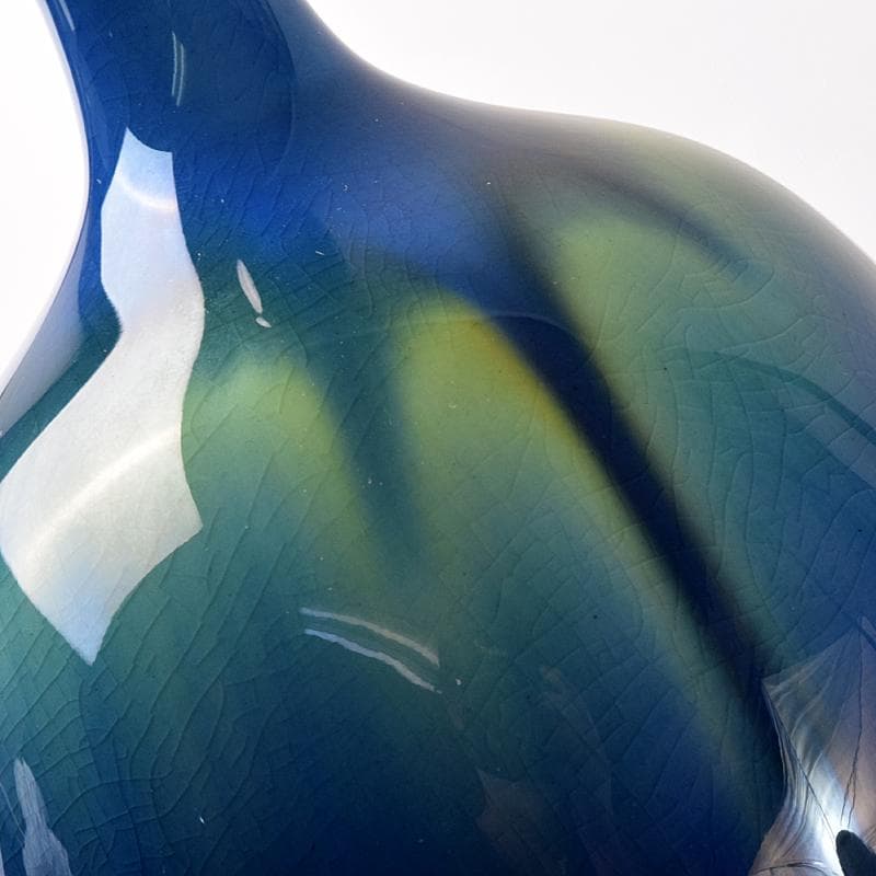 人間国宝　三代徳田八十吉　碧明耀彩　花生　共布共箱　T　R8172