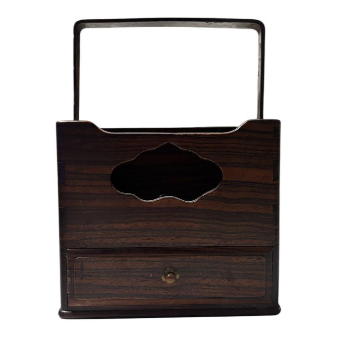 文房紫檀木牛毛紋　細密作　持ち手付き煙草盆 ➕火入れ　茶道具