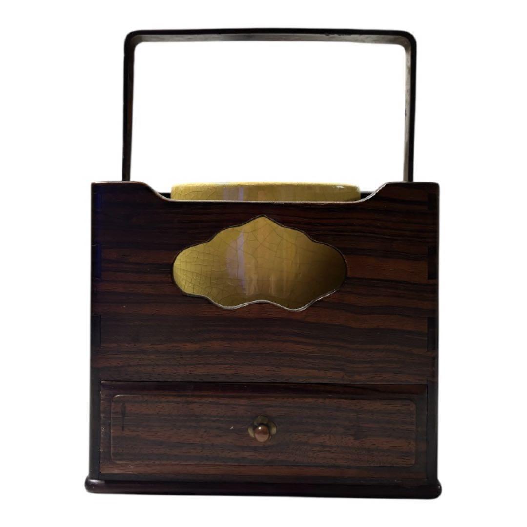 文房紫檀木牛毛紋　細密作　持ち手付き煙草盆 ➕火入れ　茶道具