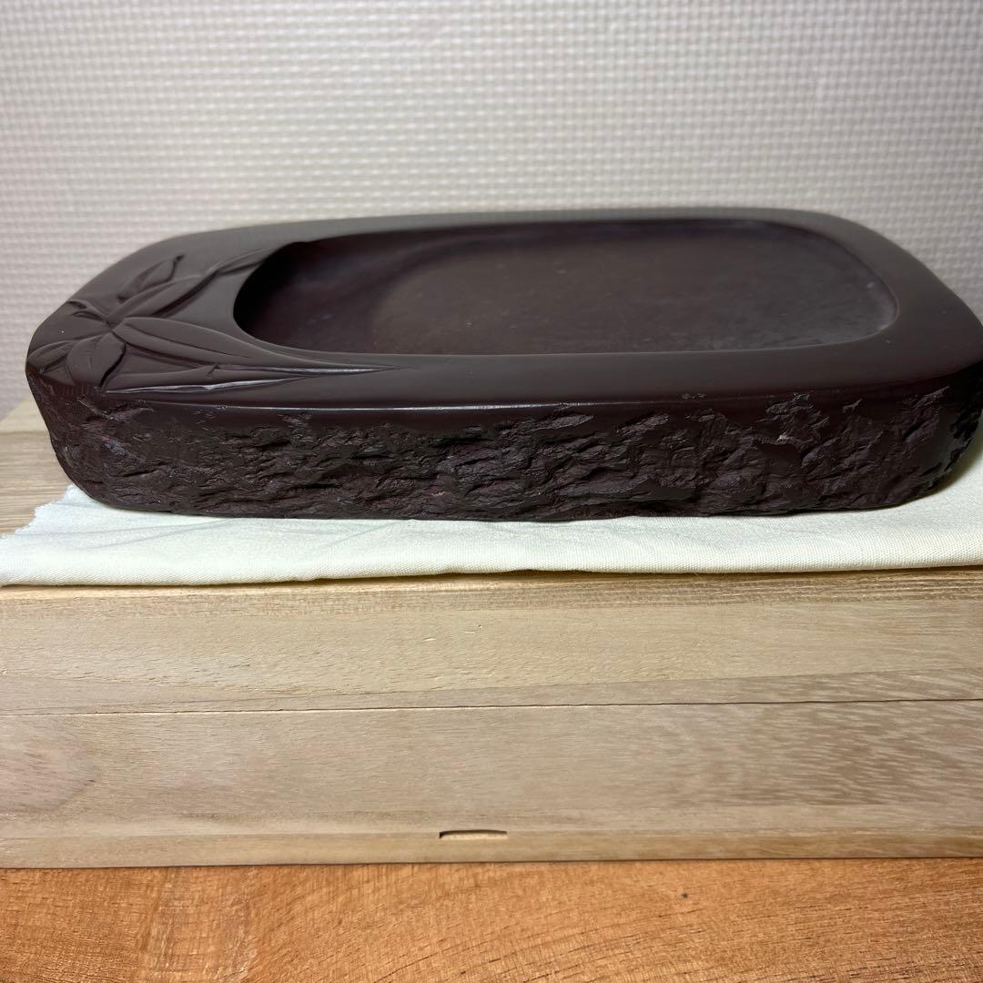 ⭕️赤間硯　昭竜山　19cm 笹彫刻野面硯　くすのき製硯　伝統工芸士　下井百合昭