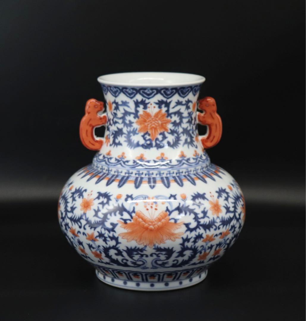 中国　染付ハン紅花卉紋雙耳瓶　大清乾隆年製銘　送料込み0907