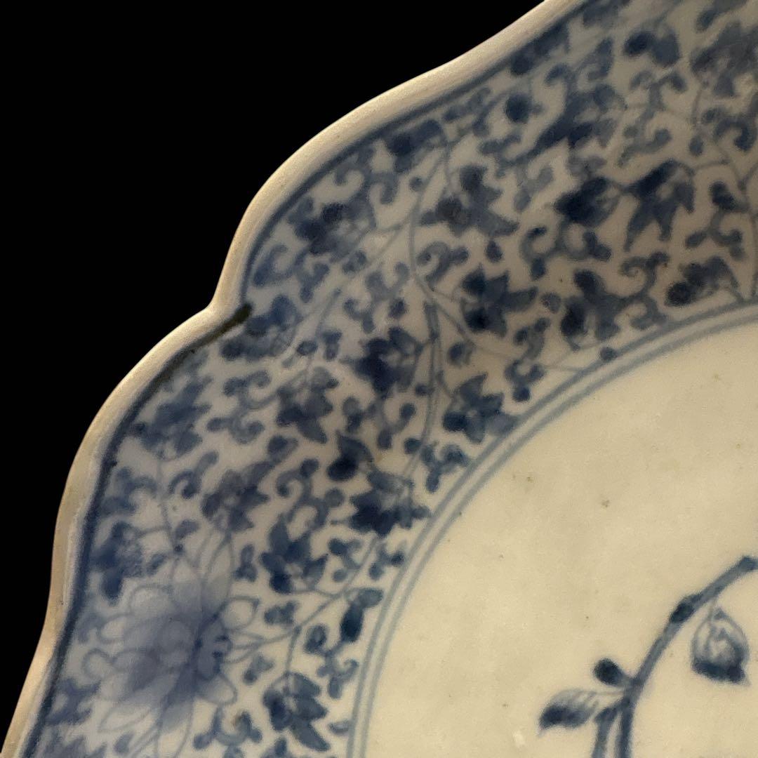 伊万里 有田 染付 印判手 輪花皿 花唐草 見返し唐草 見込梅花枝文 花丸文