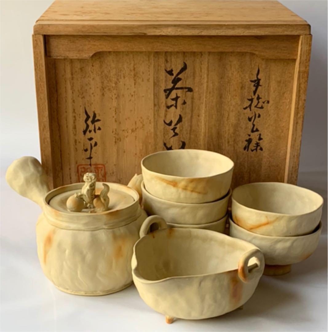 【茶器セット1  白泥　手捻り火襷】間野弥平　　共箱