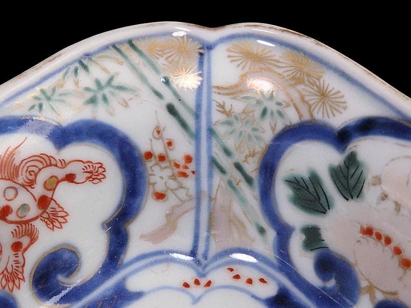 古伊万里　金襴手　窓絵　牡丹に獅子　松竹梅の図　四方角向付　B334AS-CVd