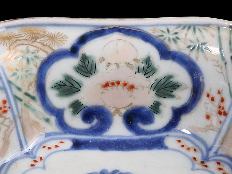 古伊万里　金襴手　窓絵　牡丹に獅子　松竹梅の図　四方角向付　B334AS-CVd