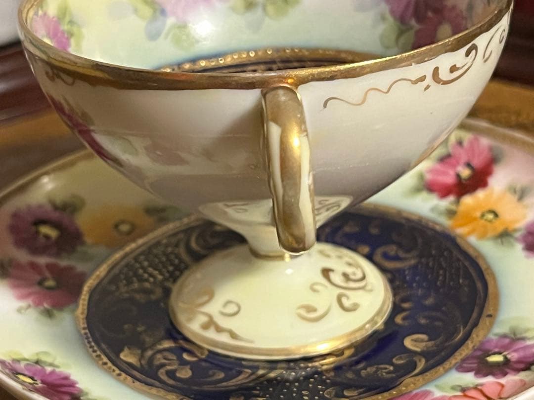 オールドノリタケ　金彩　総柄　高脚カップソーサー　花柄