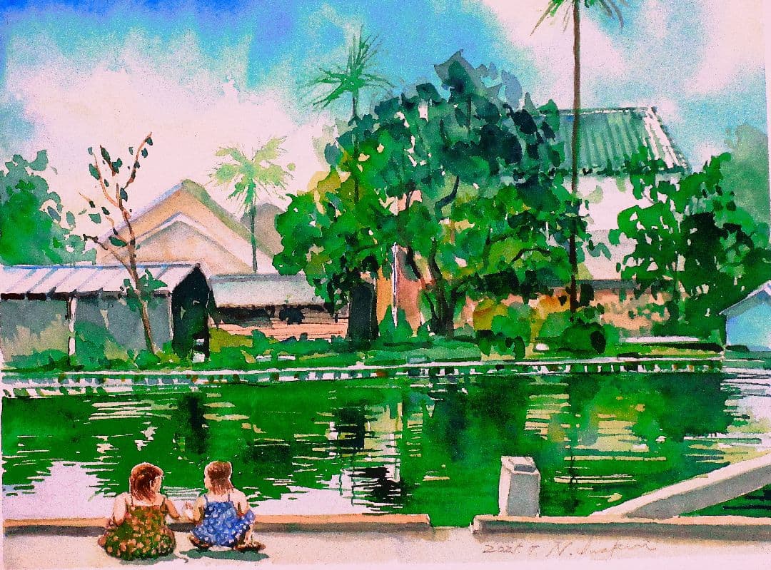 水彩画 (懐かしい思い出の風景)額縁付き