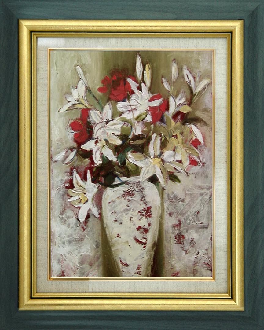 油絵 菅家令子 絵画インテリア 額付(青緑＋金色の枠) uF6-112402ゆり
