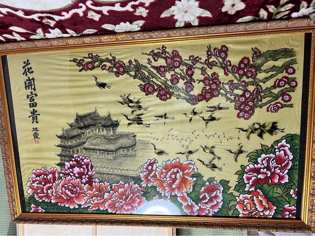 水墨画 ボタンと梅の寺の風景の絵