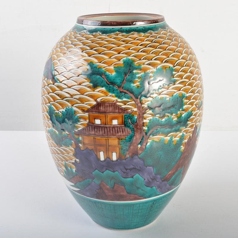 九谷焼　三代三ツ井為吉作　色絵山水紋　花生　共布共箱　M　R6752B