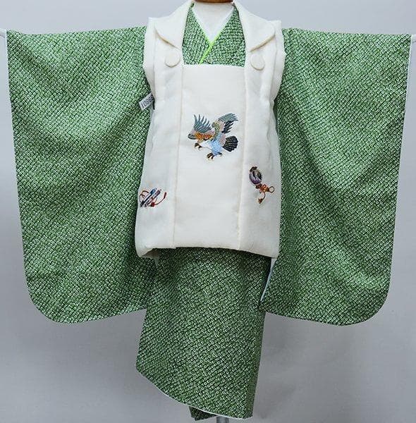 七五三 三歳 男児 被布着物セット 疋田鹿の子柄 被布に刺繍入り 緑×アイボリー