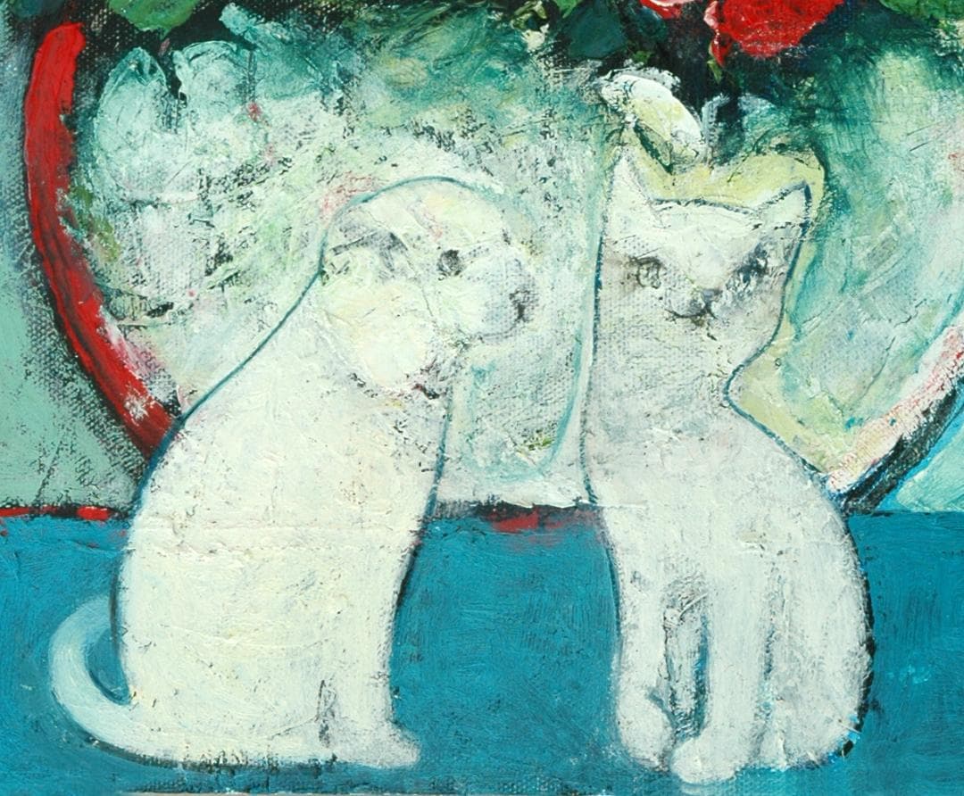 油絵 菅家令子 絵 絵画インテリア額付(青緑＋金色の枠)uF6-070619猫犬