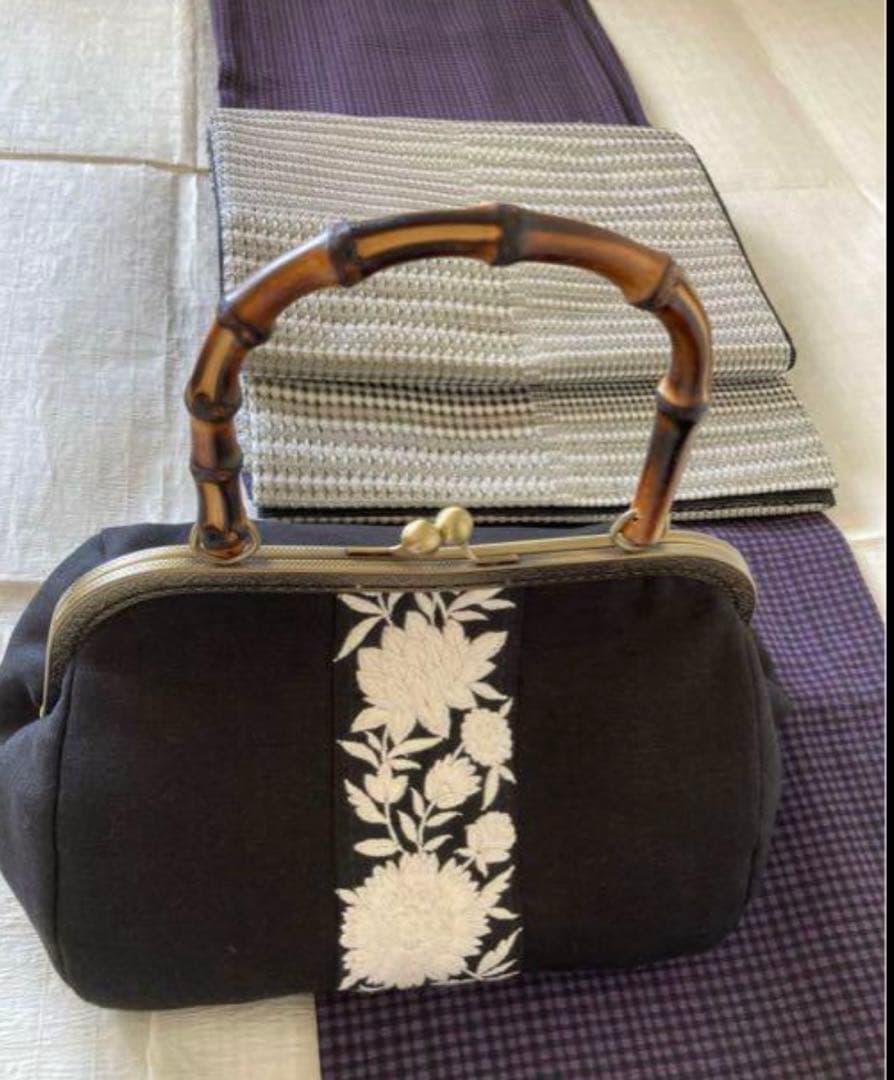 ❤️着物お出かけバンブーbag 気品溢れる大人Black 豪華刺繍上質リネン仕様