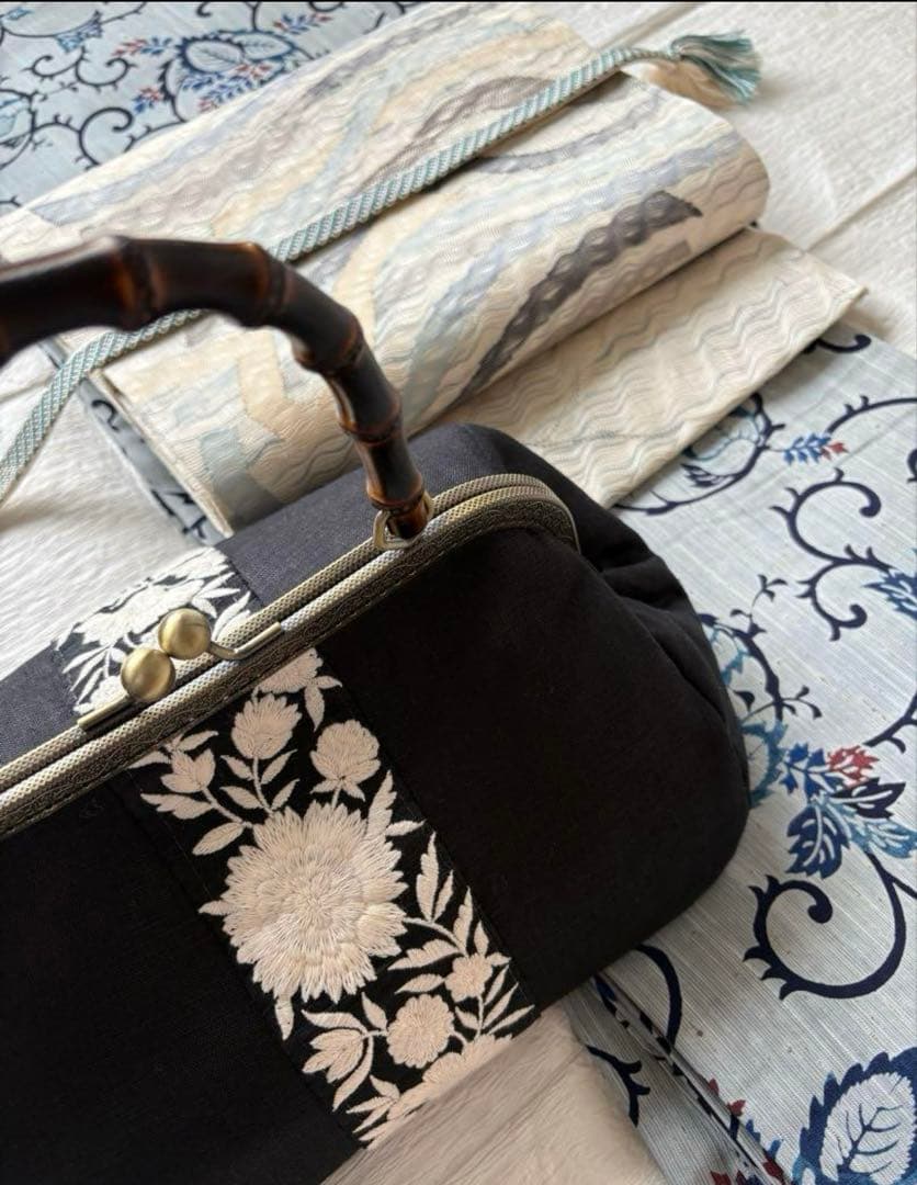 ❤️着物お出かけバンブーbag 気品溢れる大人Black 豪華刺繍上質リネン仕様