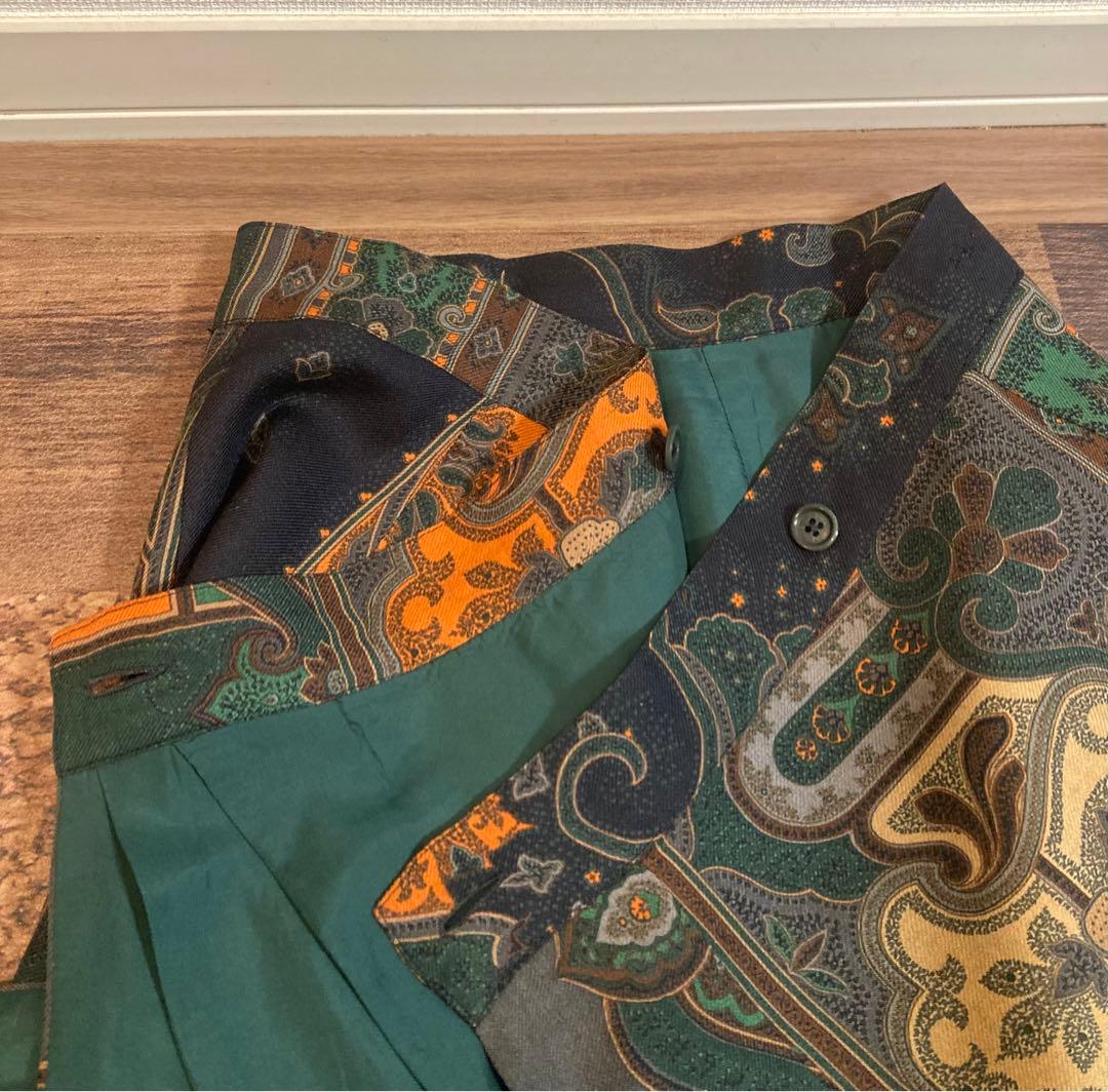 新品同　エトロ　ETRO スカート 膝丈　渋グリーン　シルク混　ペイズリー　M