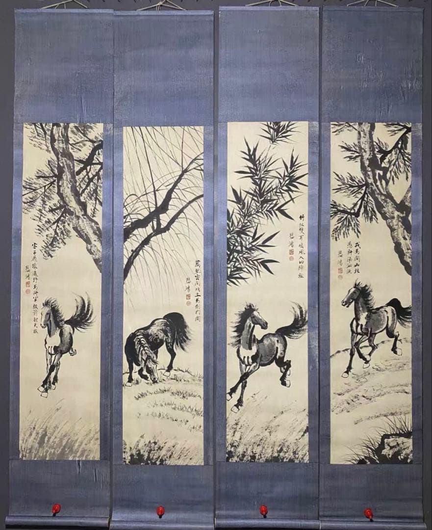 【旧蔵逸品・純手描き】徐悲鴻款 四条屏 中堂画「駿馬図」宣紙手描き