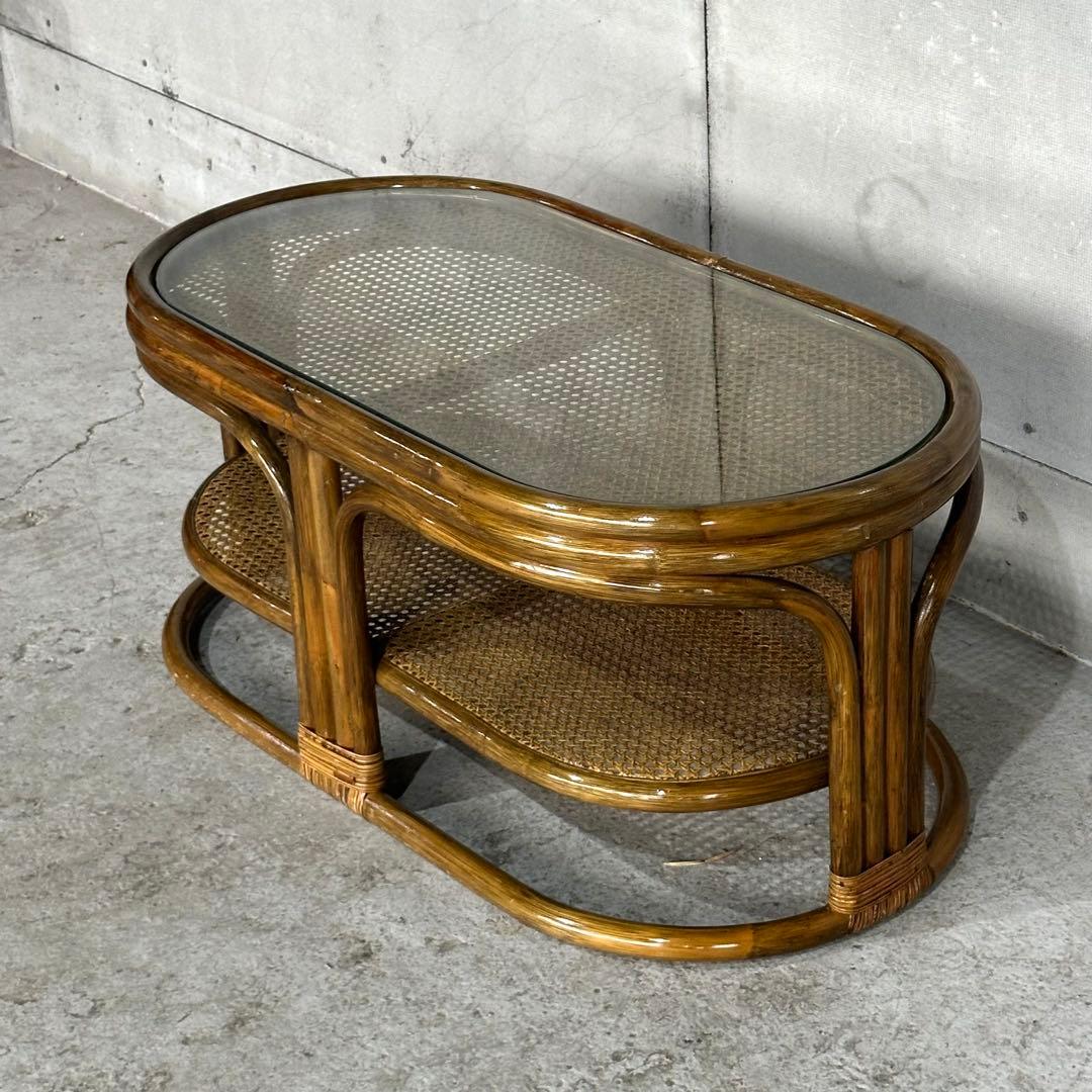 ✿昭和レトロ✿ 藤　オールドラタン　ガラストップテーブル　棚付き