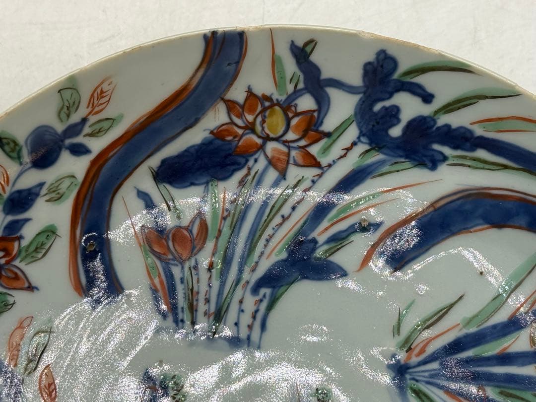 中国　明時代　南京赤絵草花捻文皿　青華五彩　共箱　アンティーク　送料込み1219