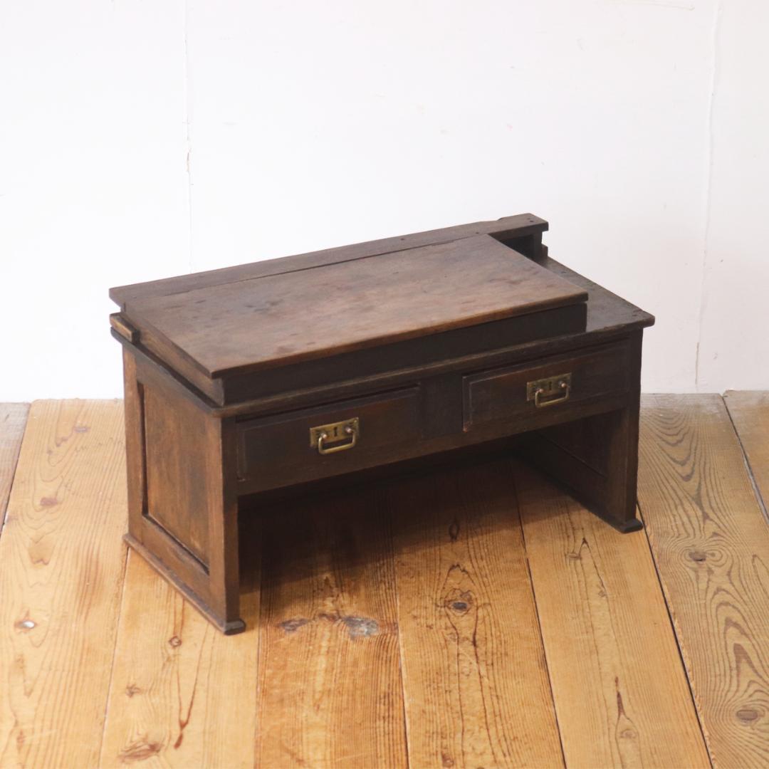 レトロ 文机 ローテーブル 座卓 帳場机 跳ね上げ天板 無垢材 引き出し 2杯