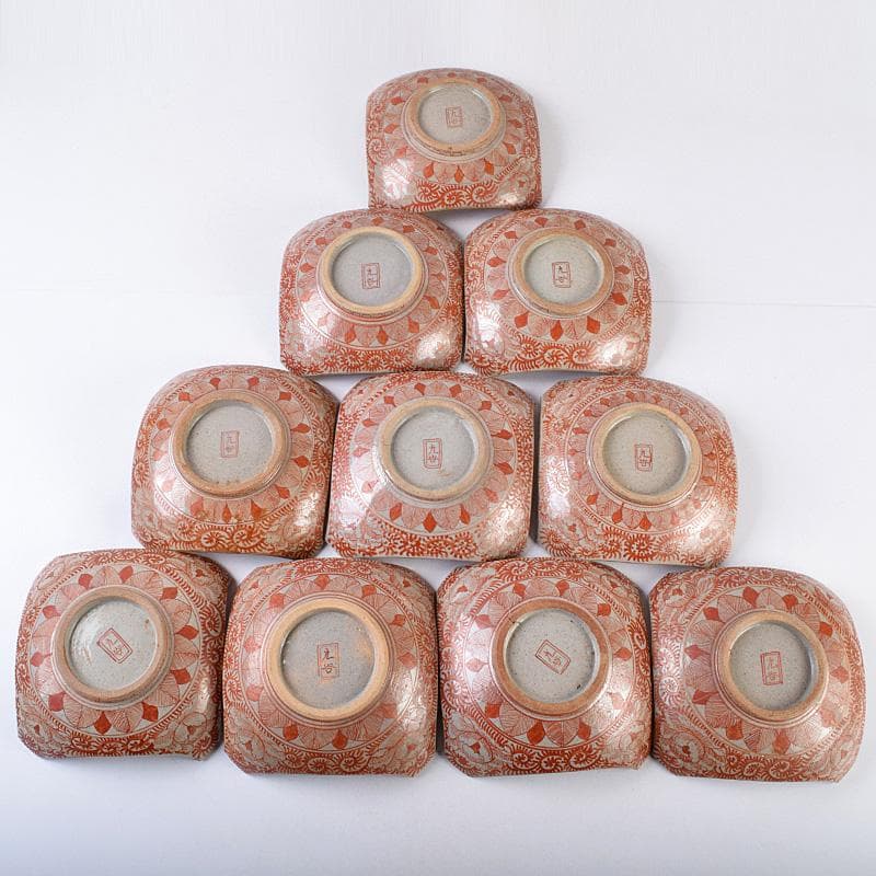 masa　古九谷赤絵銀彩　人物文皿　二種　十客　時代箱付　F　R9004B