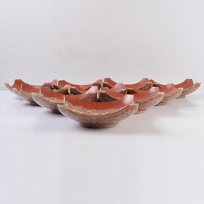 masa　古九谷赤絵銀彩　人物文皿　二種　十客　時代箱付　F　R9004B