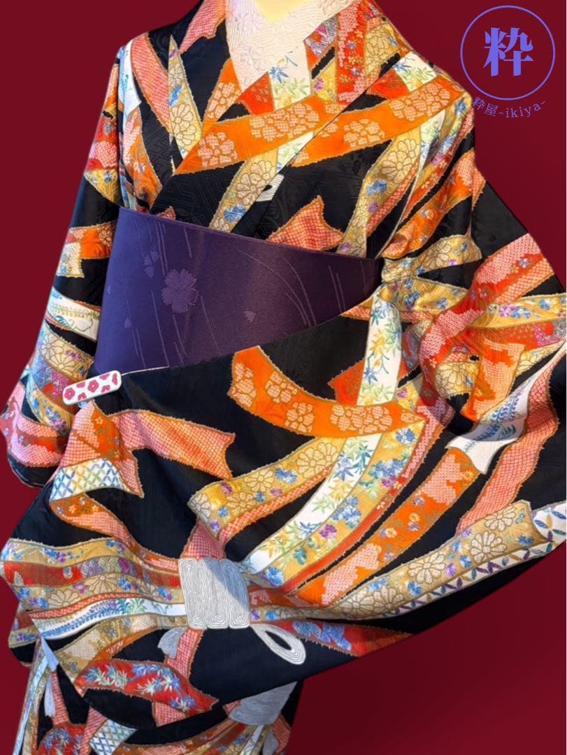 きもの英（はなぶさ）謹製 2尺袖着物 黒地束ね熨斗模様 最高級洗える着物 袴