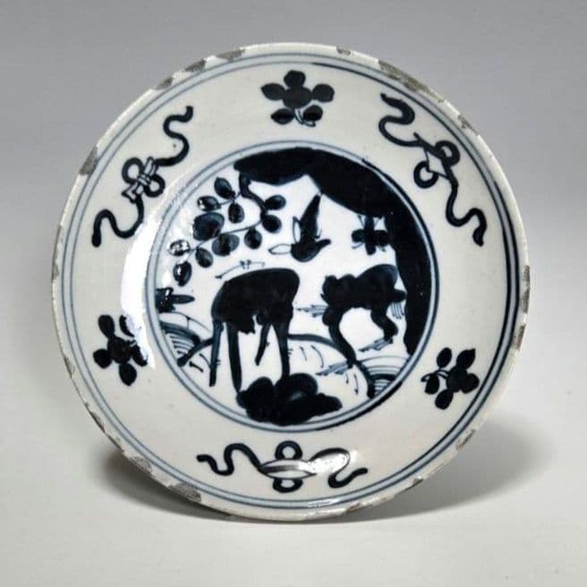 24-1275 　古染付　鳥鹿猿図皿　4寸皿　明末清初