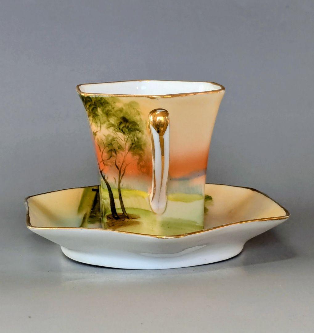 オールドノリタケ 金彩湖畔風景図　六角形ヘキサゴン　キャビネットカップ＆ソーサー