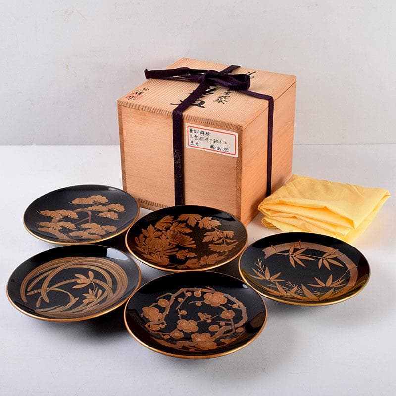 和食器　輪島塗　高崎秋峰作　高台寺蒔絵　五聖絵替　銘々皿　五客　共箱　C8533