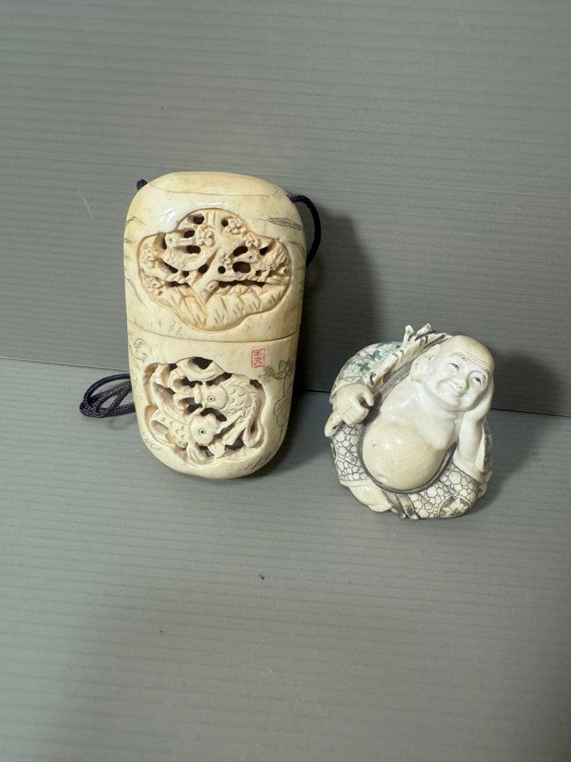 2122 骨董　根付布袋様七福神　根付彫刻煙草入れ　時代物