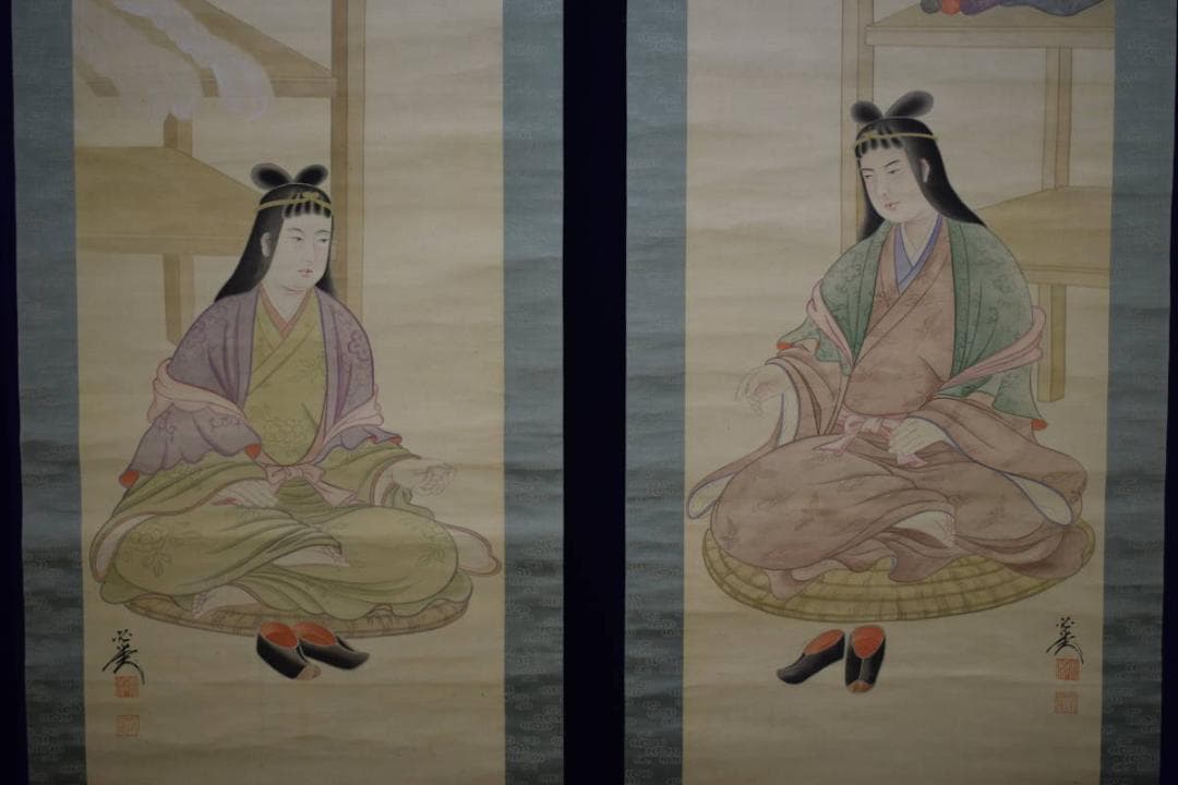 真作/必堂/呉羽/綾羽/双神之図/双幅/布袋屋掛軸HE-652