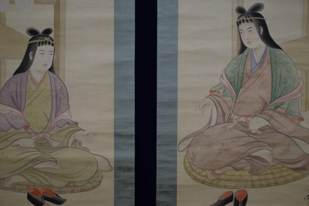 真作/必堂/呉羽/綾羽/双神之図/双幅/布袋屋掛軸HE-652