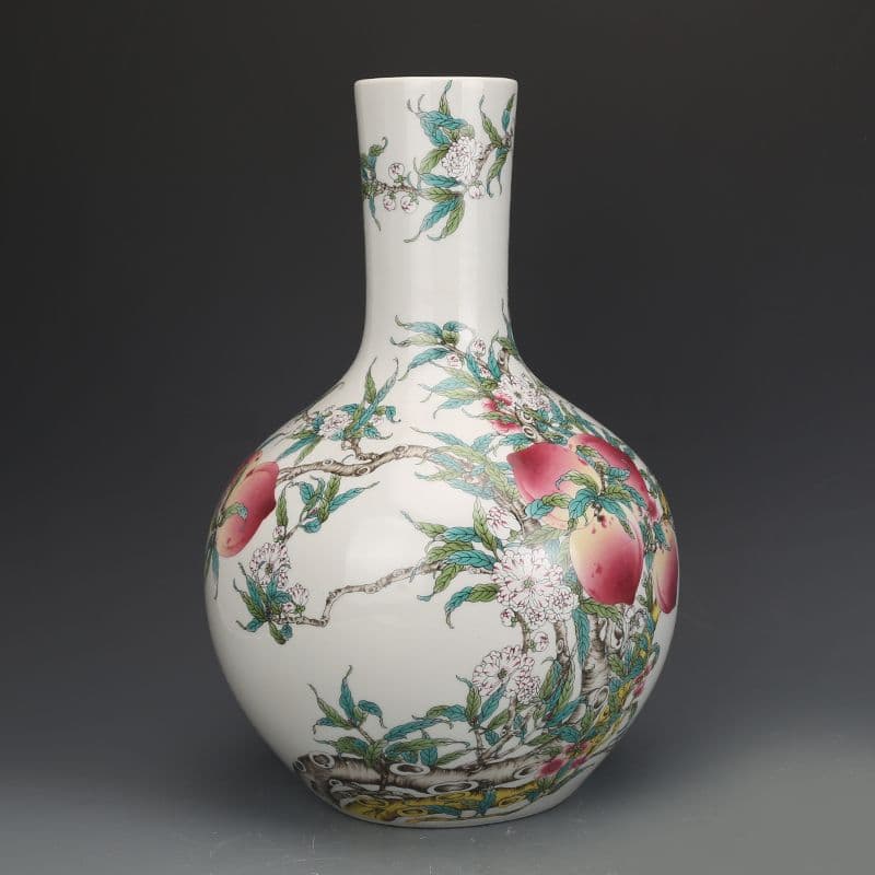 清乾隆粉彩福寿九桃天球瓶 景徳鎮 陶磁器 装飾品 現代工芸品 美術品 置物