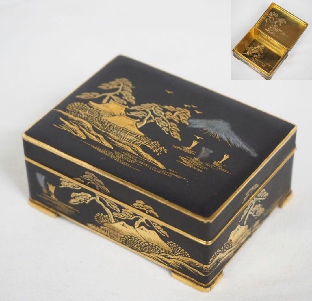 送料無料　明治期名工　藤井美豊作　金象嵌山水富士山図小箱 内金鍍金　木箱付