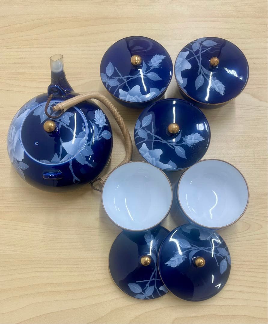 香蘭社 ルリ胡蝶蘭 茶器揃 急須 蓋付き湯呑 セット 金彩