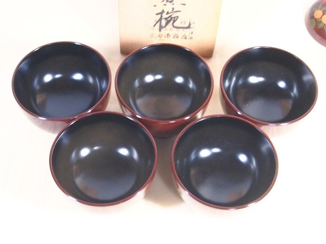 【中古・焼けあり】輪島塗 花の丸四君子蒔絵 雑煮椀5客 煮物椀/丼椀 武田漆器店