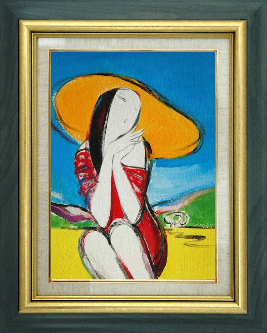 油絵 菅家令子 絵 絵画インテリア額付(青緑＋金色の枠)F3-010511 女性